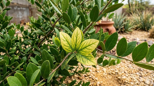 Close-up of a desert shrub with a few pale yellowing leaves among healthy green foliage in a Phoenix garden