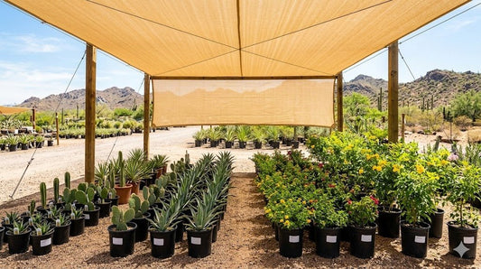 Young desert plants protected under a tan shade cloth structure in a sunny Phoenix nursery yard