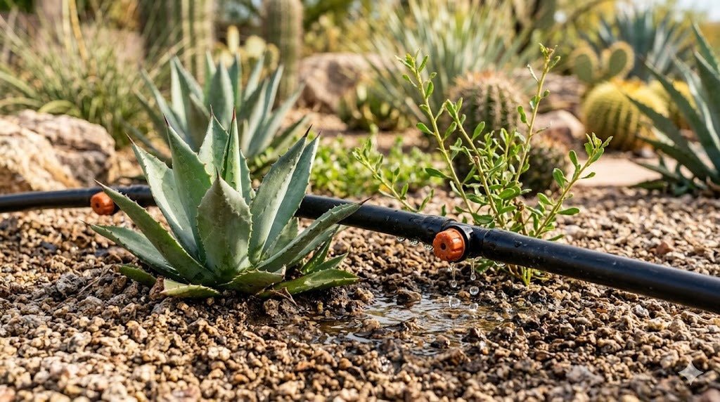 Close-up of drip irrigation tubing and emitters watering desert plants in decomposed granite
