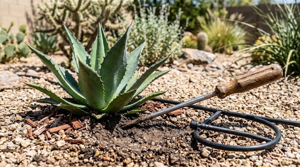 A screwdriver pushed into damp soil at the base of a desert plant to check moisture in a Phoenix garden