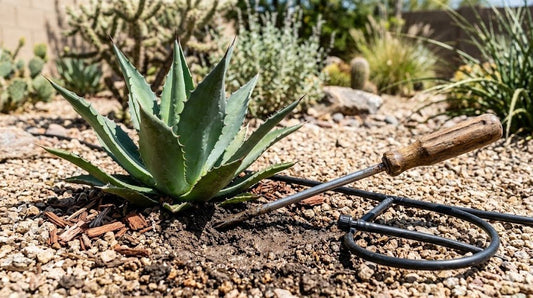 A screwdriver pushed into damp soil at the base of a desert plant to check moisture in a Phoenix garden