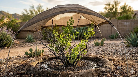 A recovering desert shrub with fresh green growth under temporary shade cloth in a Phoenix backyard