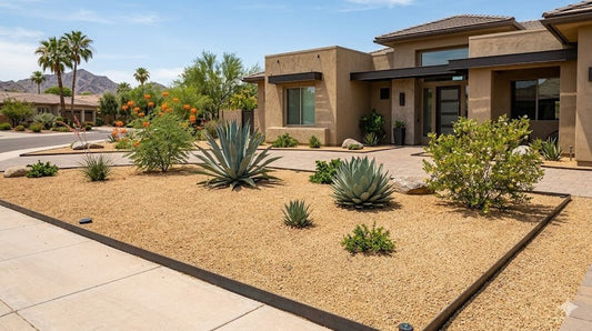Pristine weed-free decomposed granite with crisp edging and well-spaced desert plants in a tidy Phoenix yard