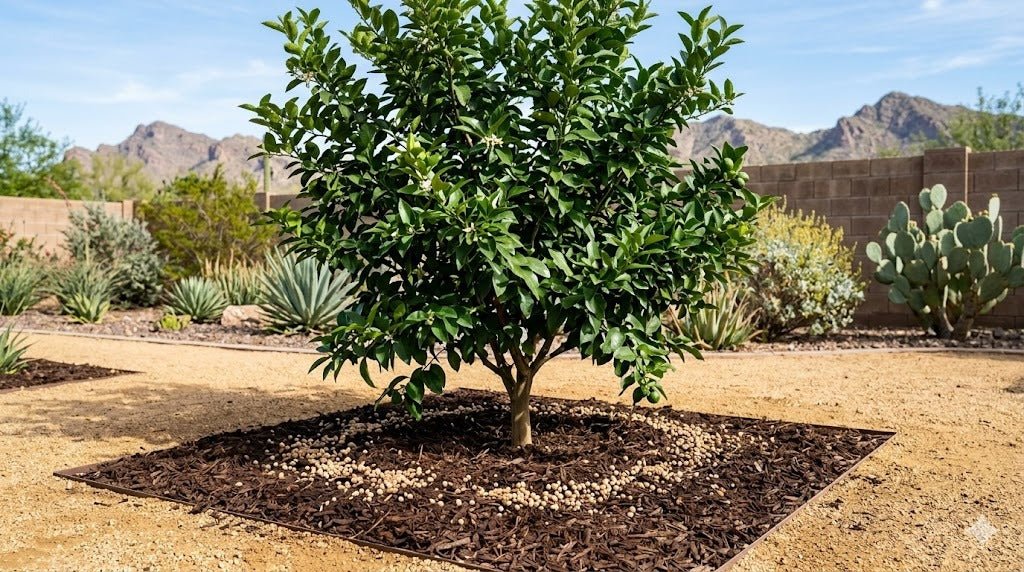 Healthy citrus tree in a Phoenix yard with slow-release fertilizer granules on the mulched soil at its base