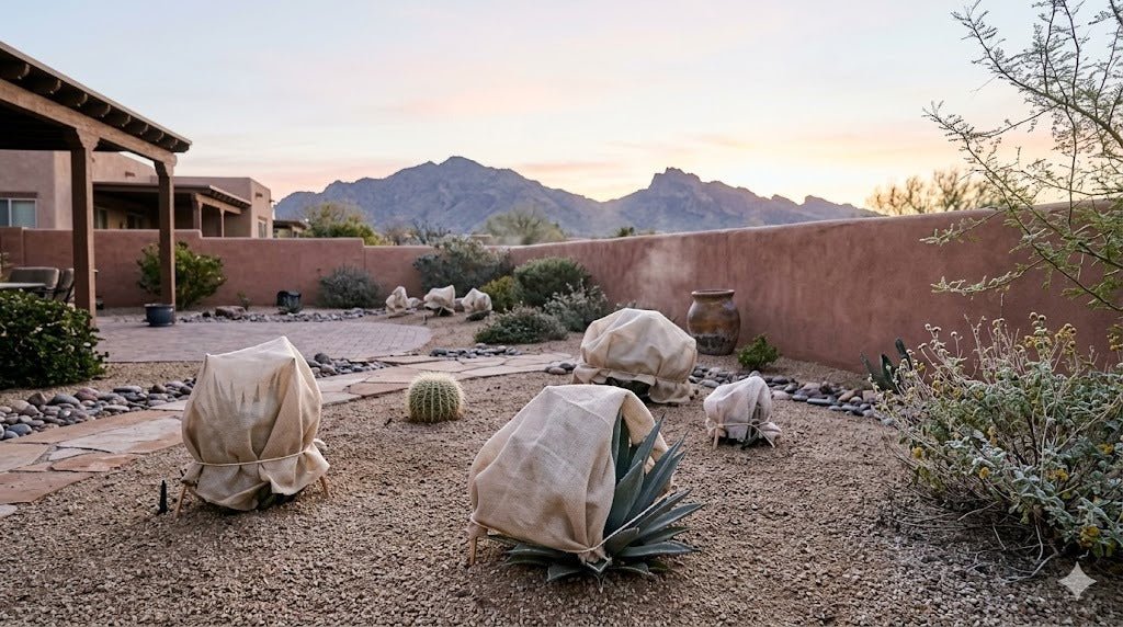 Tender desert plants draped in beige frost cloth on a cold winter morning in a Phoenix backyard