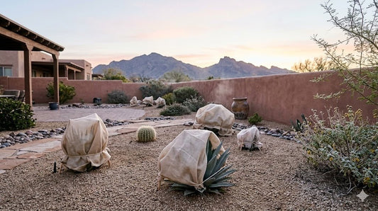 Tender desert plants draped in beige frost cloth on a cold winter morning in a Phoenix backyard