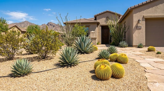 Tidy low-maintenance Phoenix desert front yard with agaves, barrel cacti and shrubs in clean granite