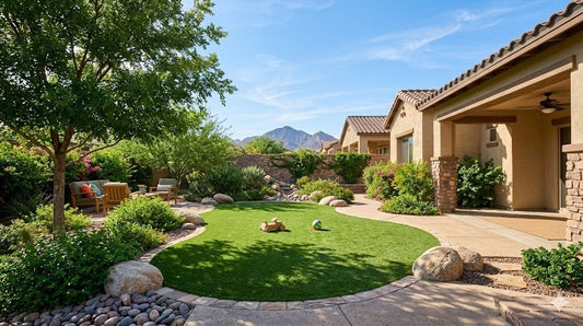 Family-friendly Phoenix desert backyard with soft turf play area, thornless shrubs and a shade tree
