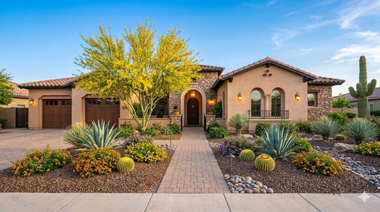 Phoenix home exterior with high curb appeal, desert landscaping, flowering accent tree and agaves