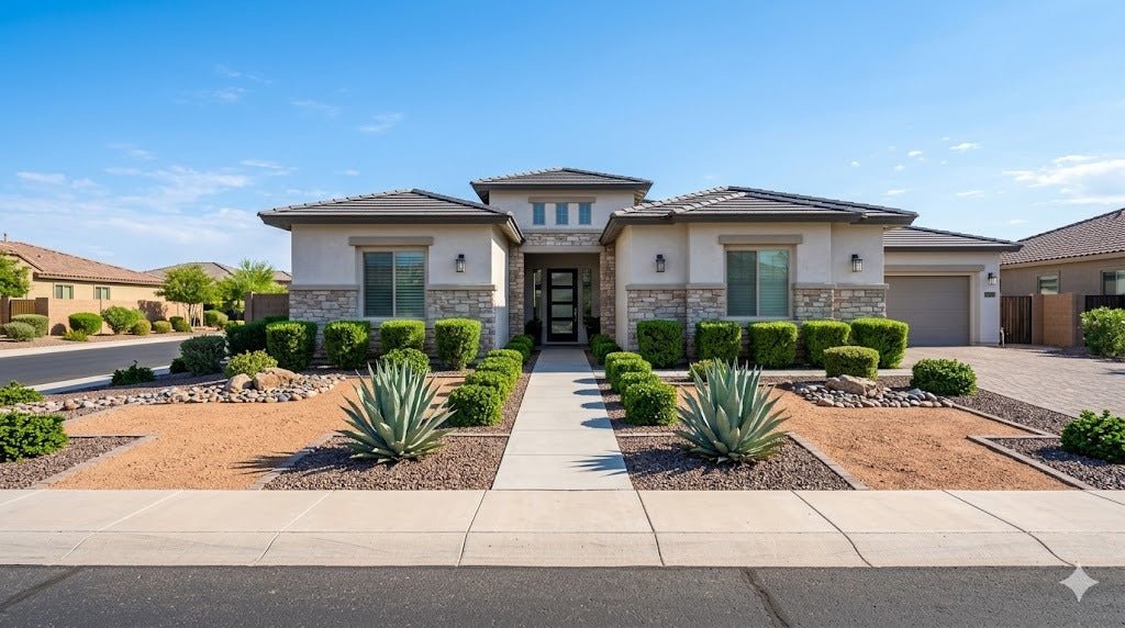 Neat symmetrical HOA-approved Phoenix front yard with tidy desert landscaping and clean granite