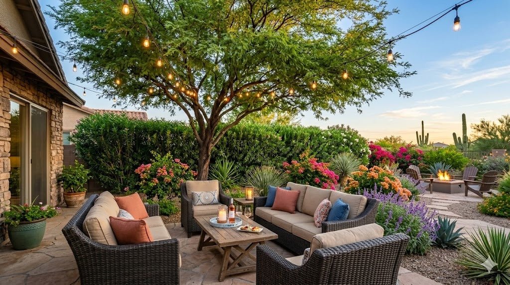 Phoenix desert backyard set up for entertaining with a shaded patio, string lights and screening hedges