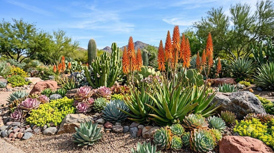 Colorful Phoenix succulent garden with aloes, euphorbias and rosette succulents among rocks