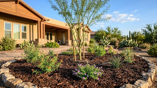 Freshly planted late-summer Phoenix desert garden bed with young shrubs, a new tree, drip irrigation and mulch