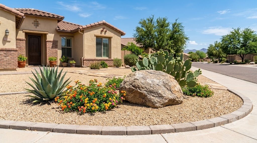 Budget-friendly Phoenix desert front yard with decomposed granite, hardy plants and a boulder
