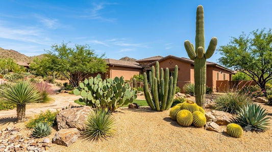 Phoenix desert front yard with golden barrel cacti, saguaro, organ pipe and prickly pear in decomposed granite