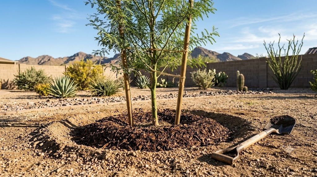 Freshly planted young shade tree in a Phoenix yard with watering basin and mulch
