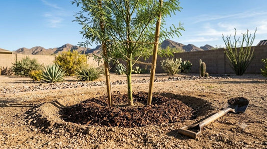 Freshly planted young shade tree in a Phoenix yard with watering basin and mulch