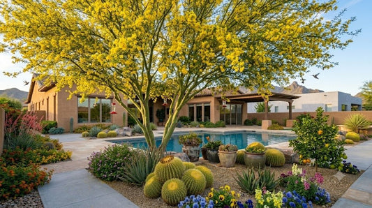 Fast-growing Desert Museum palo verde shading a Phoenix backyard