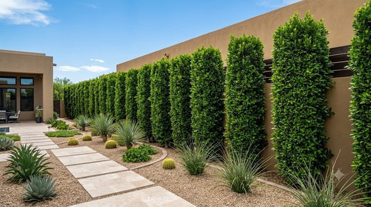 Tall manicured Ficus nitida columns forming a dense green privacy hedge along a Phoenix backyard wall