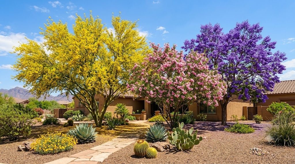 Flowering desert trees in bloom in a Phoenix yard, palo verde, desert willow and jacaranda