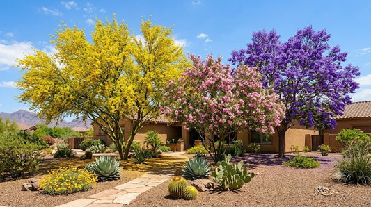 Flowering desert trees in bloom in a Phoenix yard, palo verde, desert willow and jacaranda