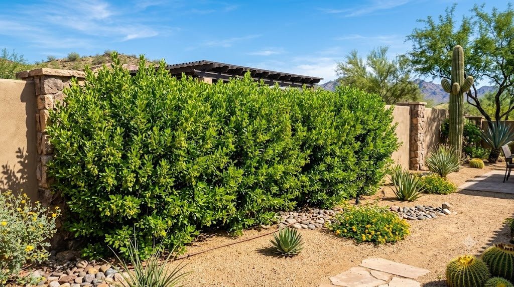 Tall lush Green Hopseed privacy hedge screening a backyard wall in a Phoenix desert garden