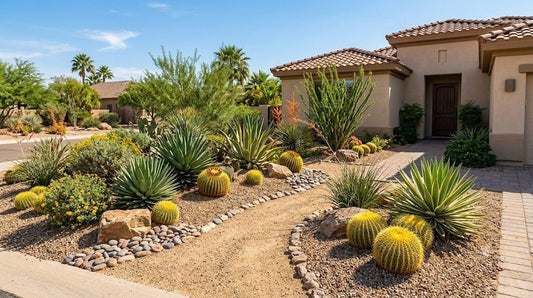 Drought-proof Phoenix xeriscape front yard with agaves, barrel cacti and desert shrubs in granite