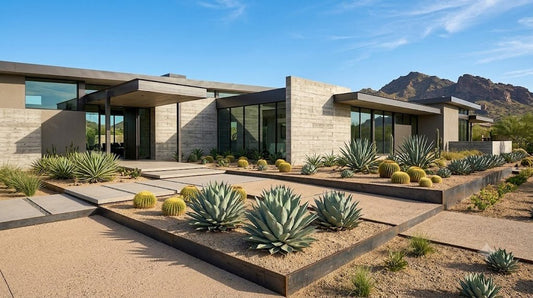 Sleek modern desert landscape design with architectural agaves and barrel cacti at a Phoenix home