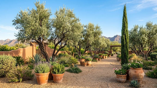 Mediterranean-style Phoenix landscape with fruitless olive trees, gravel, terracotta and a cypress