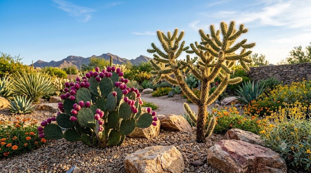 Sculptural prickly pear with magenta fruit and cholla cactus in a Phoenix desert garden