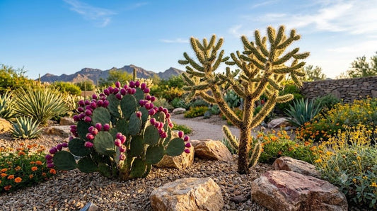 Sculptural prickly pear with magenta fruit and cholla cactus in a Phoenix desert garden