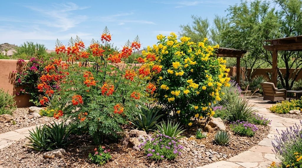 Red Bird of Paradise with orange-red blooms beside Yellow Bells in a Phoenix desert garden