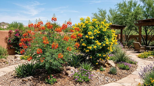 Red Bird of Paradise with orange-red blooms beside Yellow Bells in a Phoenix desert garden