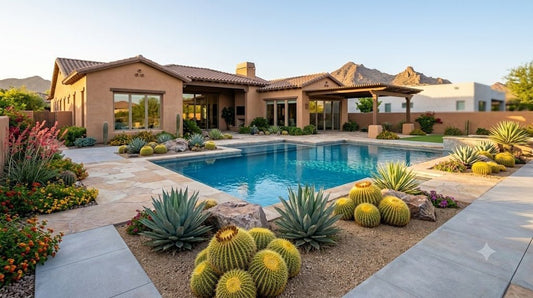 Upscale Scottsdale backyard with modern desert landscaping and pool
