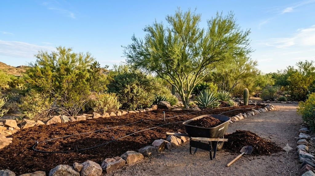 Early-fall Phoenix desert garden being prepped with cleared mulched beds and a wheelbarrow