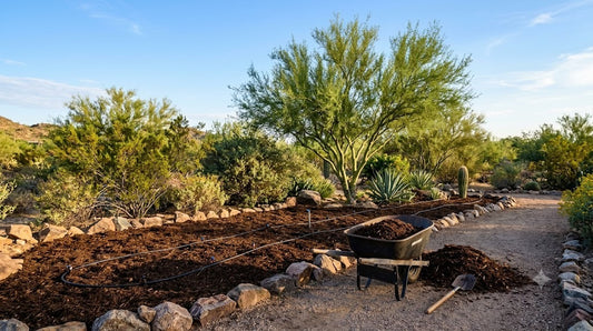 Early-fall Phoenix desert garden being prepped with cleared mulched beds and a wheelbarrow