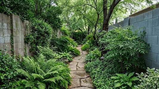 Lush shady north-facing Phoenix side yard with heavenly bamboo and ferns in filtered light
