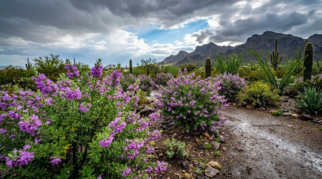 Texas Sage shrubs in full purple bloom after monsoon rain in a Phoenix desert landscape