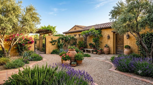 Tuscan-Mediterranean Phoenix courtyard with olive trees, terracotta urns and a stucco wall