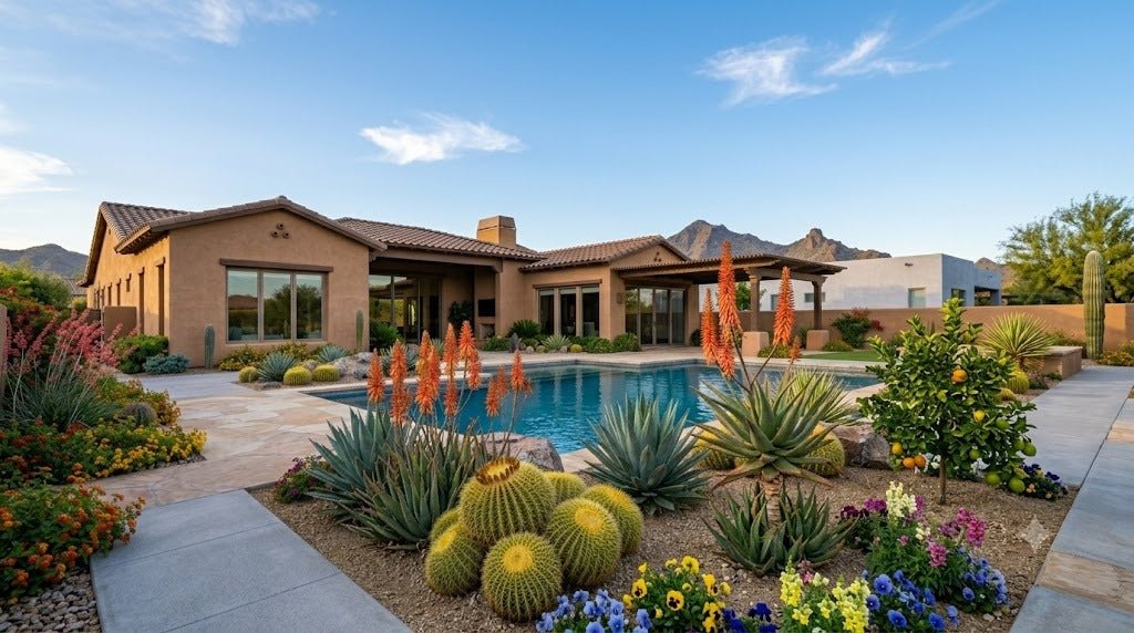 Phoenix desert garden with blooming aloes in mild winter