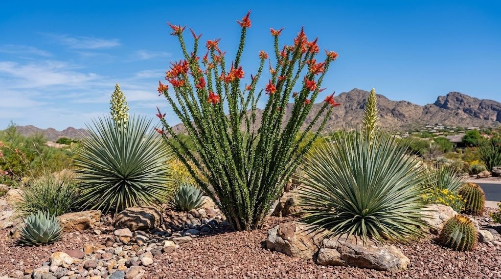 Sculptural ocotillo, yucca and desert spoon accents in a Phoenix xeriscape with boulders