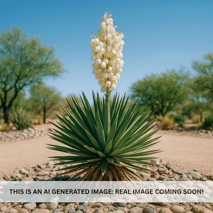 Adam's Needle (Yucca filamentosa) with white flower stalk in desert landscape — Phoenix, AZ