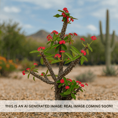 Cherokee Crown of Thorns (Euphorbia milii 'Cherokee') deep red flowering succulent shrub in desert landscape — Phoenix, AZ