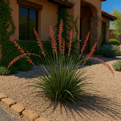Desert Dusk Hesperaloe with rose-purple flower stalks in desert landscape — Phoenix, AZ