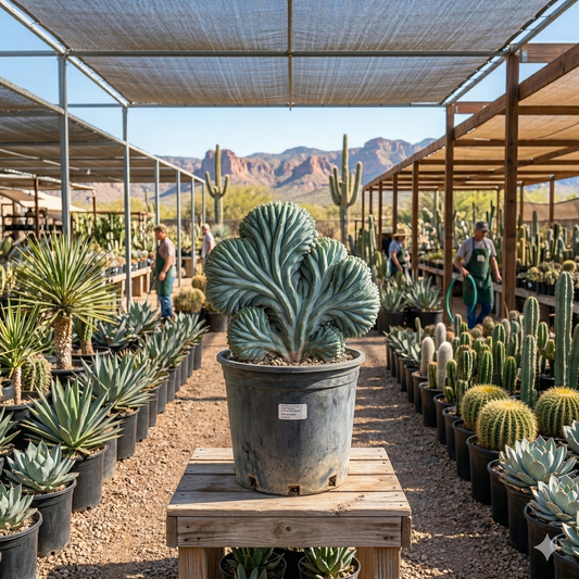 Crested Blue Myrtle cactus (Myrtillocactus geometrizans cristata) fan-shaped specimen in nursery pot — Phoenix, AZ