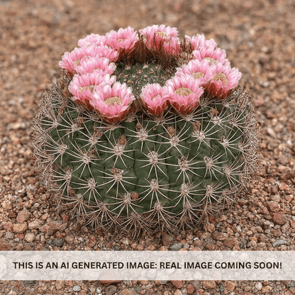 Gymnocalycium saglionis (Giant Chin Cactus) globular barrel with pink flowers and curving spines on gravel — Phoenix, AZ