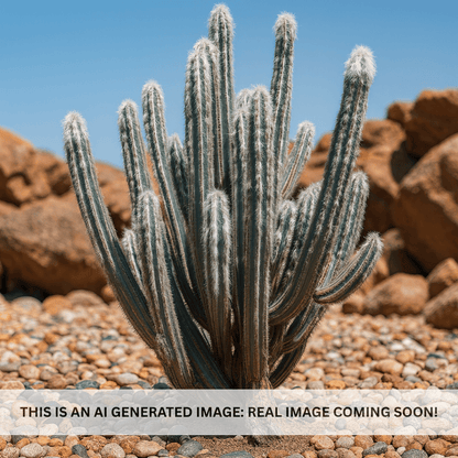 Wooly Torch cactus (Cleistocactus) with soft white fuzzy spines in desert rock setting — Phoenix, AZ