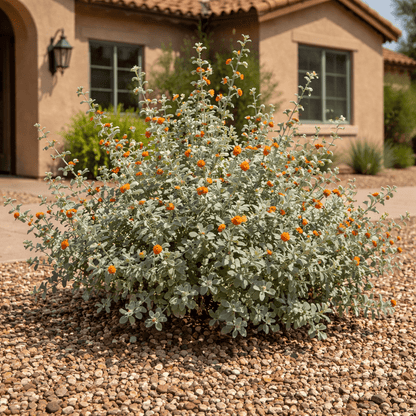 Wooly Butterfly Bush (Buddleja marrubiifolia) with silver-green foliage and orange flower clusters in desert landscape — Phoenix, AZ